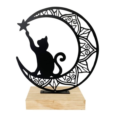 Petite figurine décorative ethnique chat/lune pour maison et cadeau en métal et bois