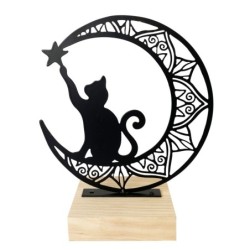 Grande figurine chat avec lune - Déco maison ethnique et originale pour les amoureux des chats