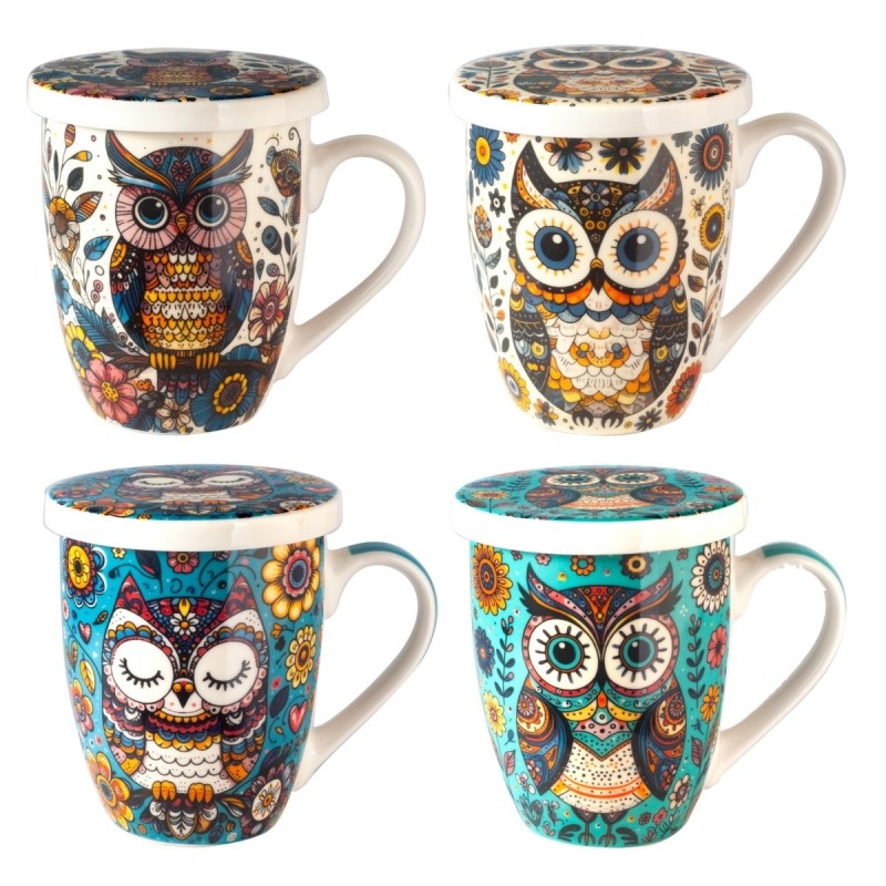 4 tasses hibou différentes avec boîte cadeau