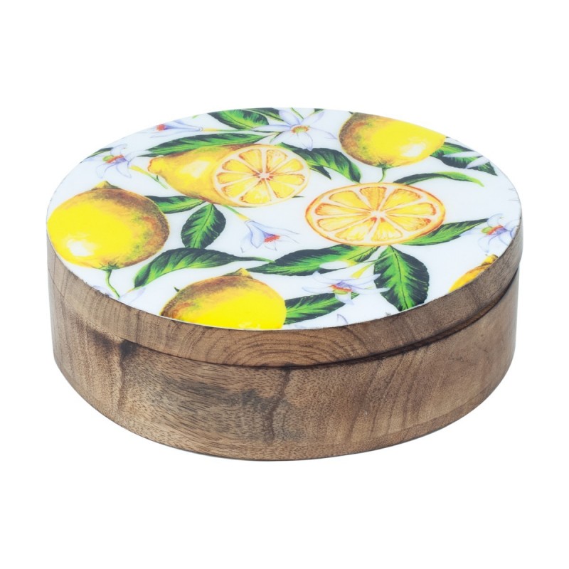 Boîte ronde en bois | Boîte en bois design citrons, diamètre : 20 cm