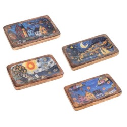 Plateau décoratif en bois de manguier avec motif maison, idéal pour la cuisine et le salon, lot de 4