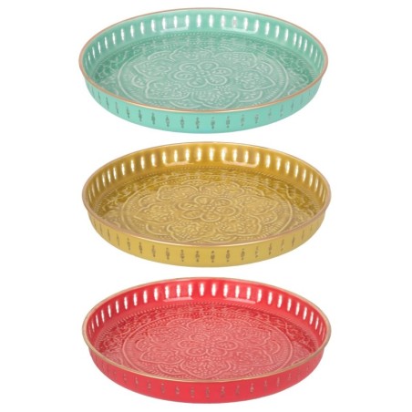 Plateau décoratif rond de style indien pour la maison - Lot de 3 pièces - Idéal pour les décorations de table et les