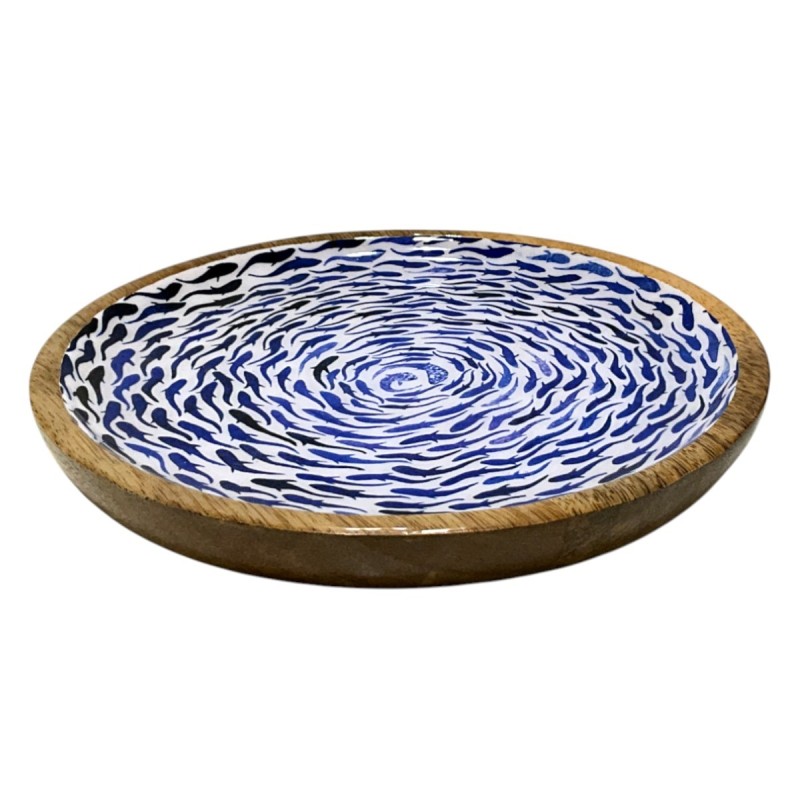 Assiette décorative bleue motif poisson pour cuisine et salle à manger, idéale pour une décoration nautique, en bois durable.
