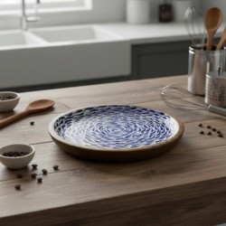 Assiette décorative bleue motif poisson pour cuisine et salle à manger, idéale pour une décoration nautique, en bois durable.