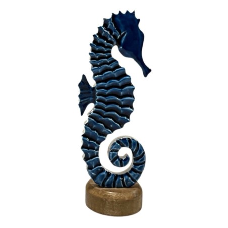 Figurine décorative hippocampe bleu pour la maison, style marin, ornement en bois, idéal pour une décoration nautique.
