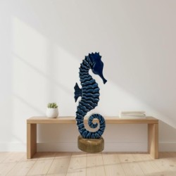 Figurine décorative hippocampe bleu pour la maison, style marin, ornement en bois, idéal pour une décoration nautique.