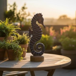 Figurine décorative hippocampe bleu pour la maison, style marin, ornement en bois, idéal pour une décoration nautique.