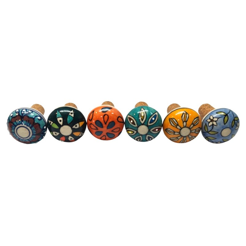 Lot de 6 bouchons à vin décoratifs, multicolores, idéals pour offrir, réutilisables, en céramique.