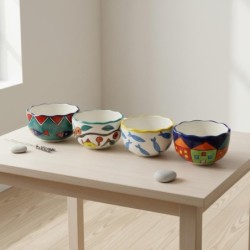 Bol décoratif moderne en céramique, lot de 4, idéal pour la cuisine et la salle à manger, motif exclusif lavande et olive.