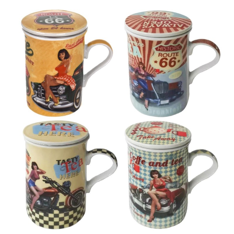 Mug Route 66 4 Unités en Porcelaine Multicolore 11 * 8 * 11cm Lot de 4 Unités Mug Verre