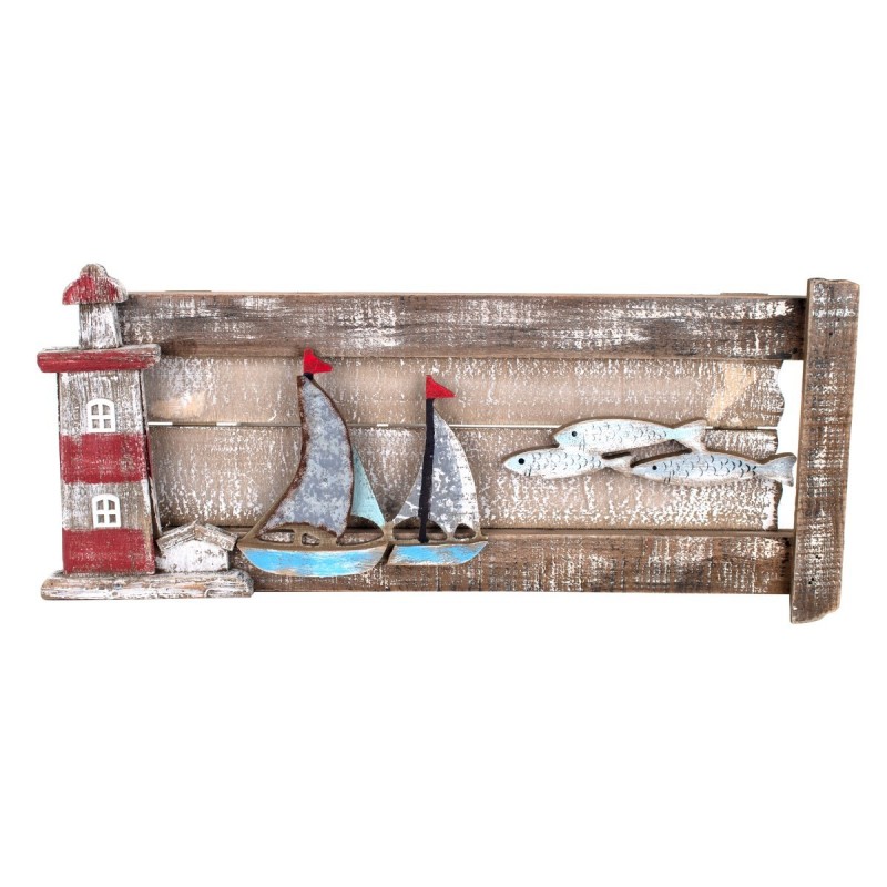 Bateau mural By SIGRIS Bateau mural et phare Bois brun 25x5x59cm Pendentif Appliquer des ornements nautiques muraux