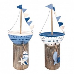 Bateau avec Base 2 Unités Bois bleu | Modèle de bateau modèle voilier bois 25x6x10cm