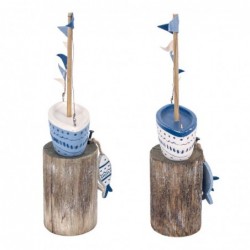 Bateau avec Base 2 Unités Bois bleu | Modèle de bateau modèle voilier bois 25x6x10cm