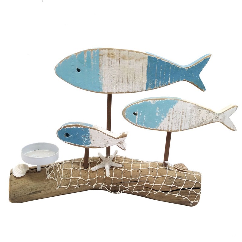 Poisson ornement bois bleu | Figure Marinera Appliquer des ornements nautiques muraux 19x6x31cm