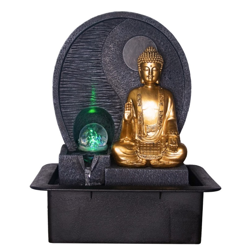 Fontaine Bouddha avec une résine de lumière dorée | Fontaine de fontaine avec polices décoratives de Bouddha 37x22x30cm