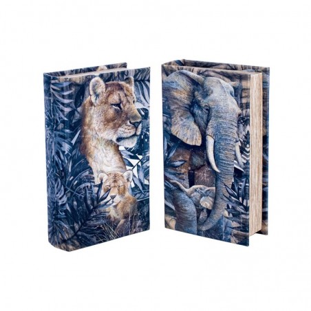 Box livre Tiger et éléphant 2 unités MDF Poly poly | Boîtes de livres Boîte de livre décorative Boîte à bois 5x13x21cm