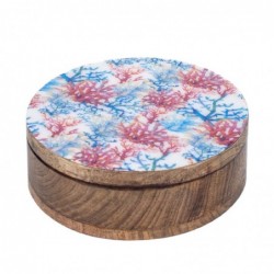 Boîte ronde de corail bleu en bois | Boîte de stockage de boîte de meubles avec couvercle 7x21x21cm