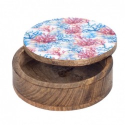 Boîte ronde de corail bleu en bois | Boîte de stockage de boîte de meubles avec couvercle 7x21x21cm