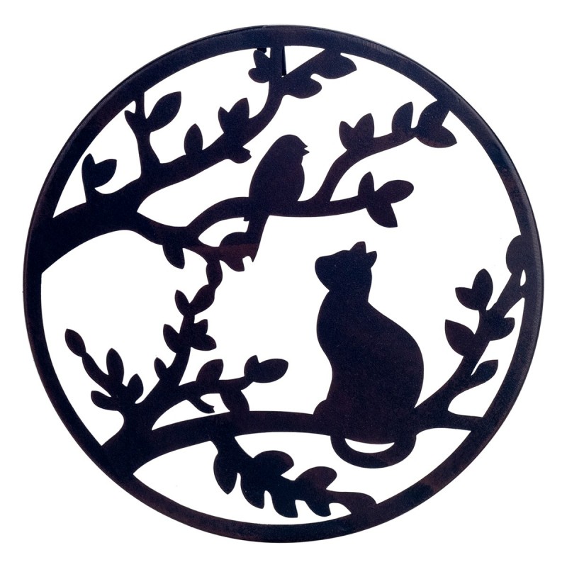 ORIGEN Home Decor Pájaro Pájaro et Cat Adorno Appliques Metal | Plaque de métal noir rond - 30x30x1cm