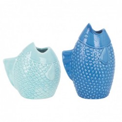 ORIGEN Home Decor Vase Poisson 2U Plateaux Bleu - 20x13x8cm, Céramique Décorative