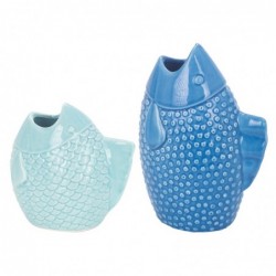 ORIGEN Home Decor Vase Poisson 2U Plateaux Bleu - 20x13x8cm, Céramique Décorative