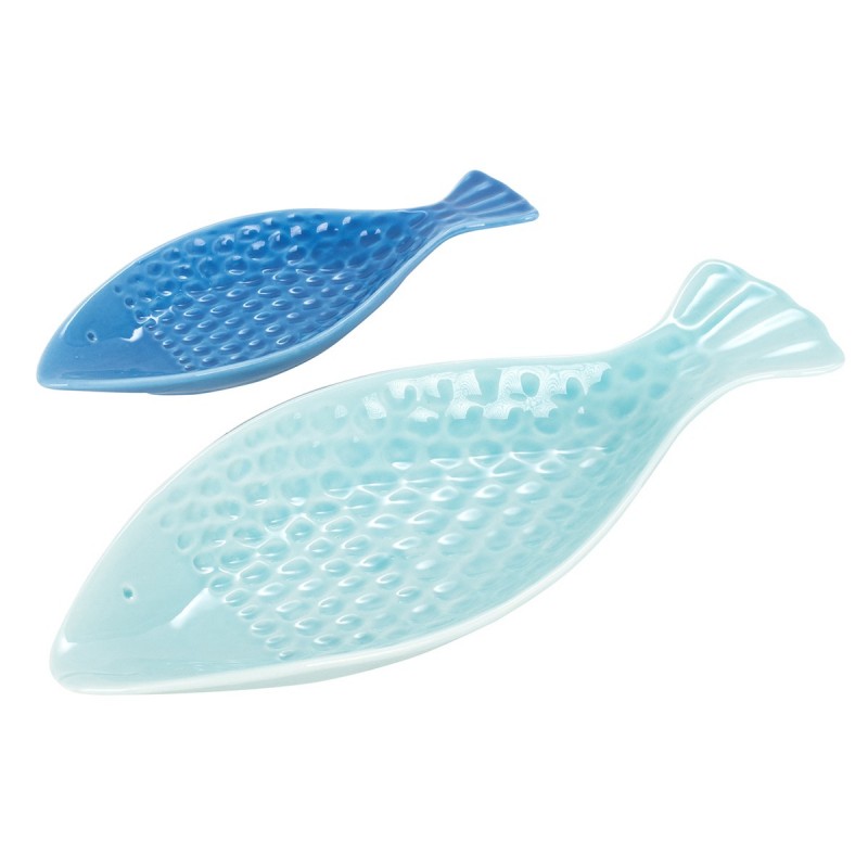 ORIGEN Home Decor Assiette en Forme de Poisson 2U Plateaux Bleu - 3x30x12cm Céramique | Décoration nautique et marin