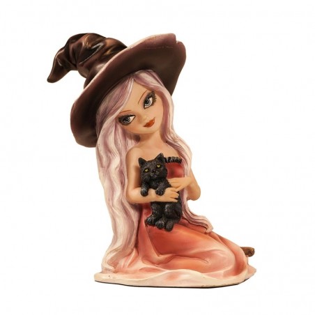 ORIGIN Home Decor Fée Sorcière avec Chat Fantaisie | Figurine Fée Orange - 14x13x9cm