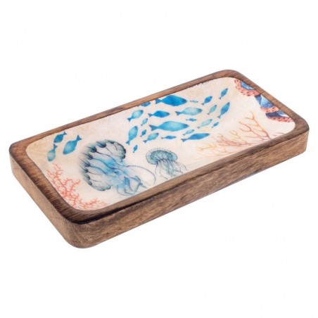 Petit plateau décoratif à méduses en bois bleu marine nautique