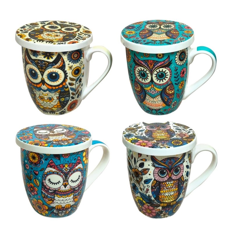 4 tasses hibou différentes avec boîte cadeau