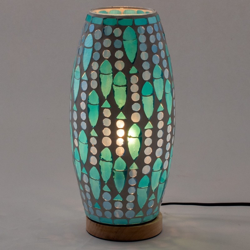 Lampe de table en mosaïque de style indien verte avec verre et bois