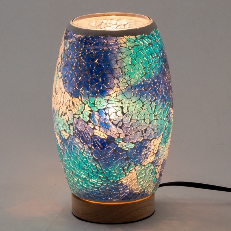 Lampe de table indienne en mosaïque de verre et de bois bleu