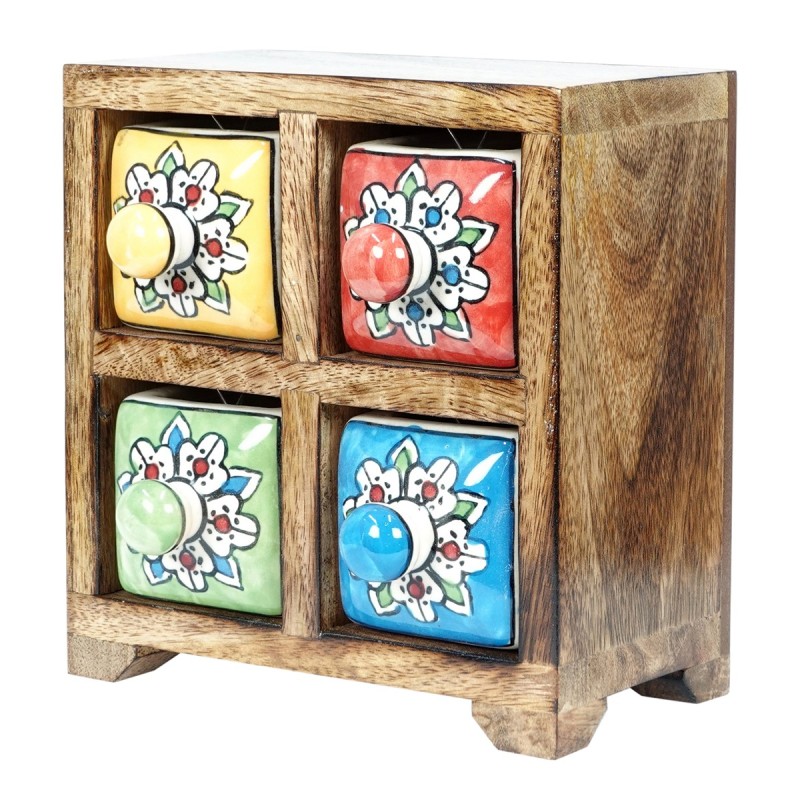 ORIGIN Home Decor Étagère à épices 4 tiroirs Boîtes et boîtes à bijoux | Étagère à Épices Carrée Marron - 16x16x11cm