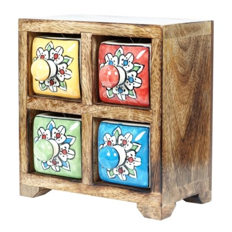 ORIGIN Home Decor Étagère à épices 4 tiroirs Boîtes et boîtes à bijoux | Étagère à Épices Carrée Marron - 16x16x11cm